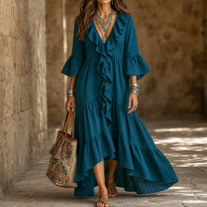 Cascada – High-Low Ruffle V-Neck Bell Sleeve Dress