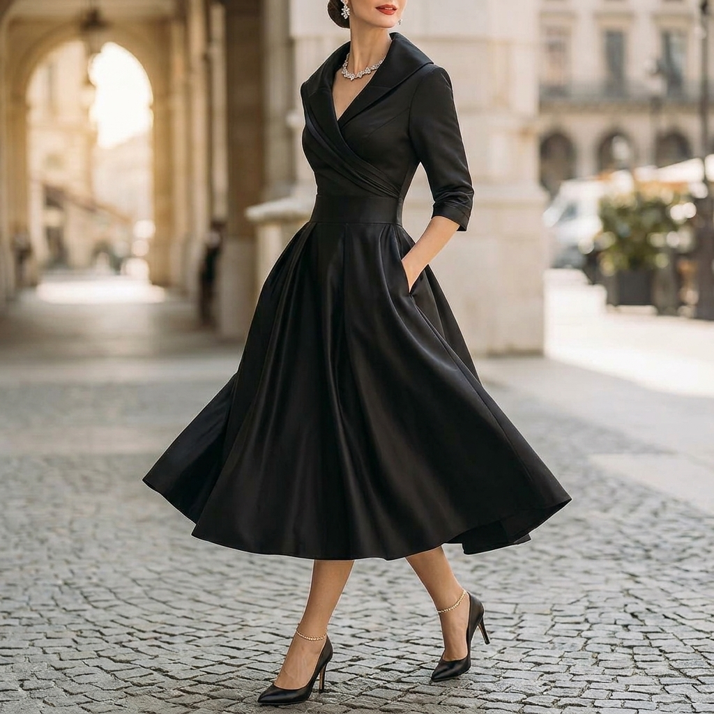 Vivessa Vintage Satin Midi Dress with Draped Collar Clarendale Vivessa Vintage Satin Midi Dress with Draped Collar Clarendale