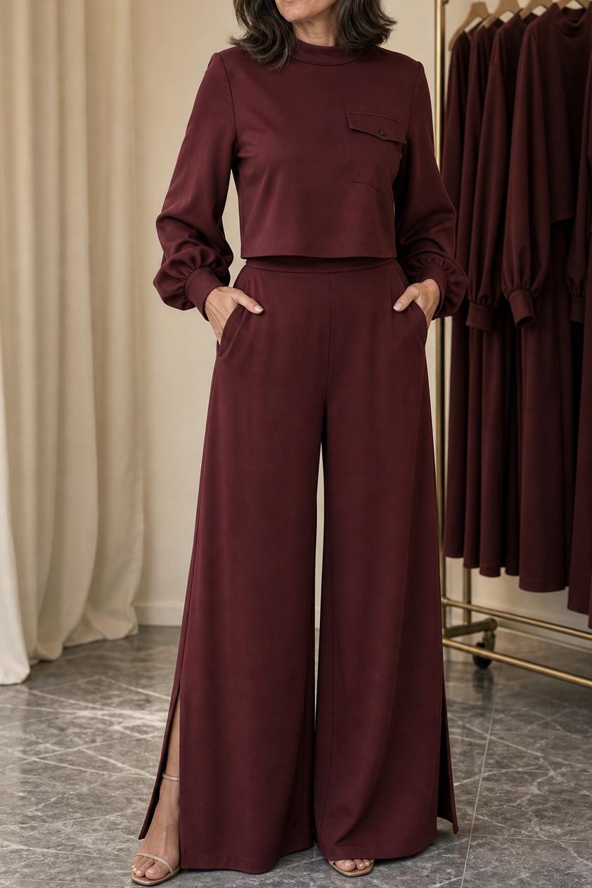 Wearbella – Bishop Sleeve Mock Neck Top And Wide-Leg Pants Set