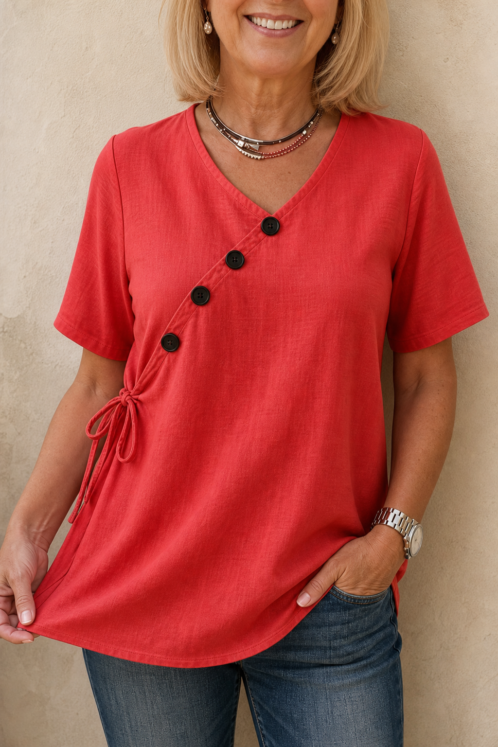 Wearbella – Side-Tie Diagonal-Button V-Neck Top