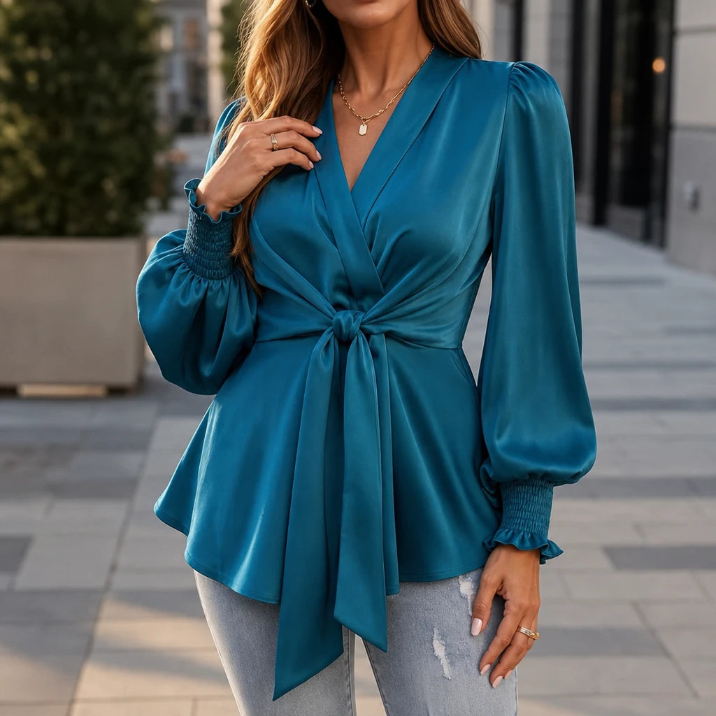 Waistelle – Lustrous V-Neck Tie-Waist Blouse