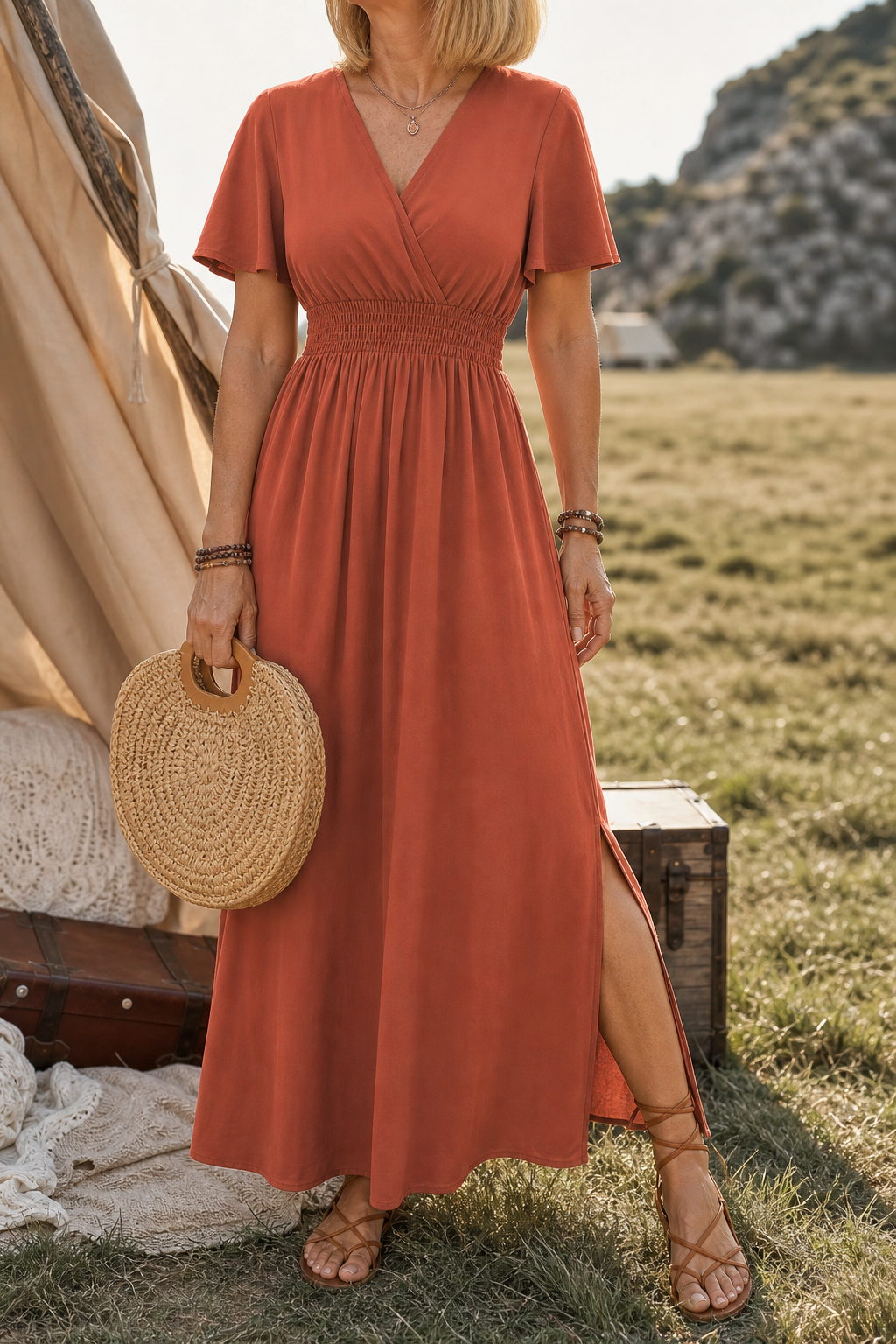 Lunetta – Button-Front V-Neck Side Slit Maxi Dress