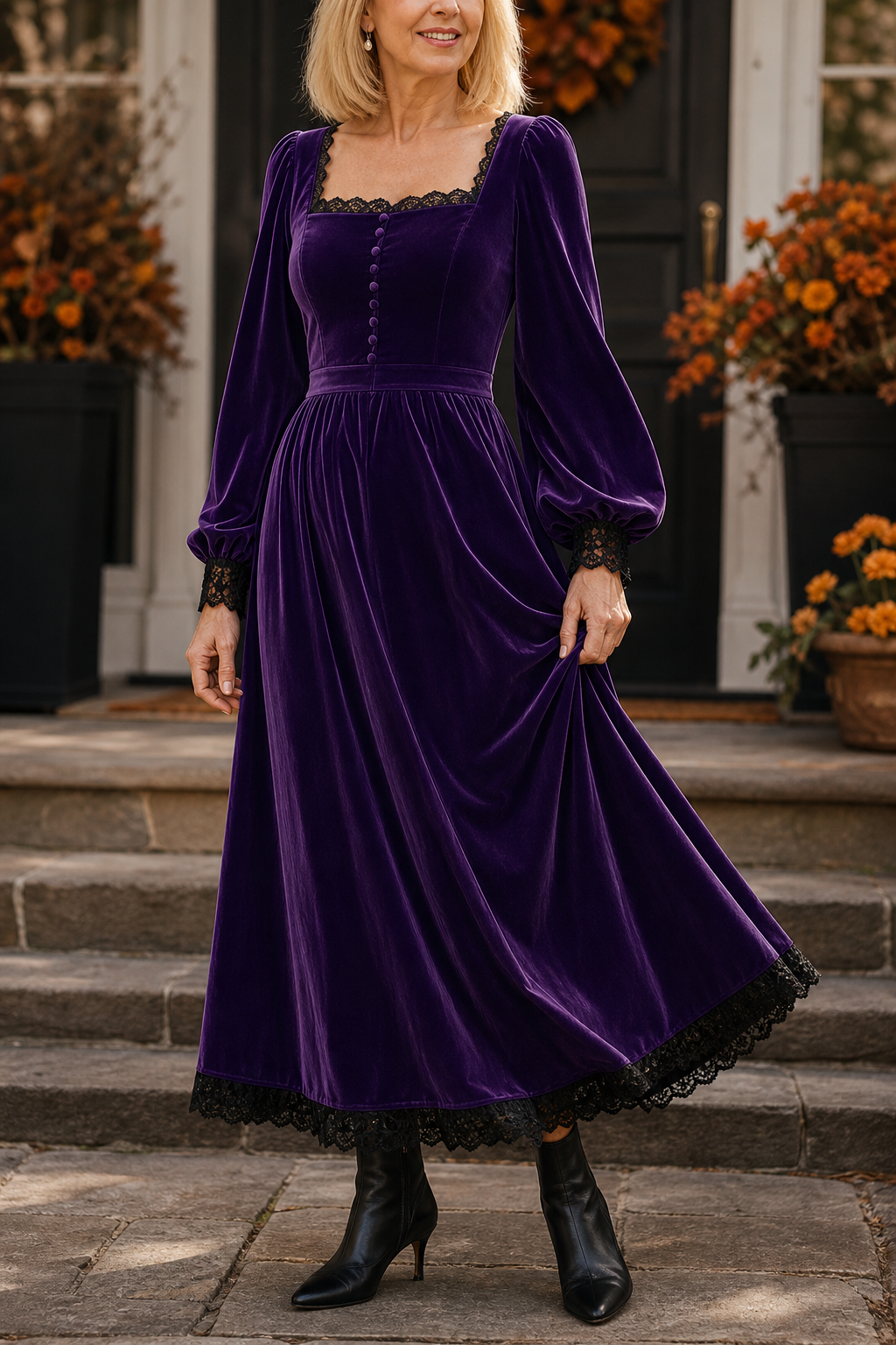 Velourette – Square Neck Fitted Waist Velvet Midi Dress
