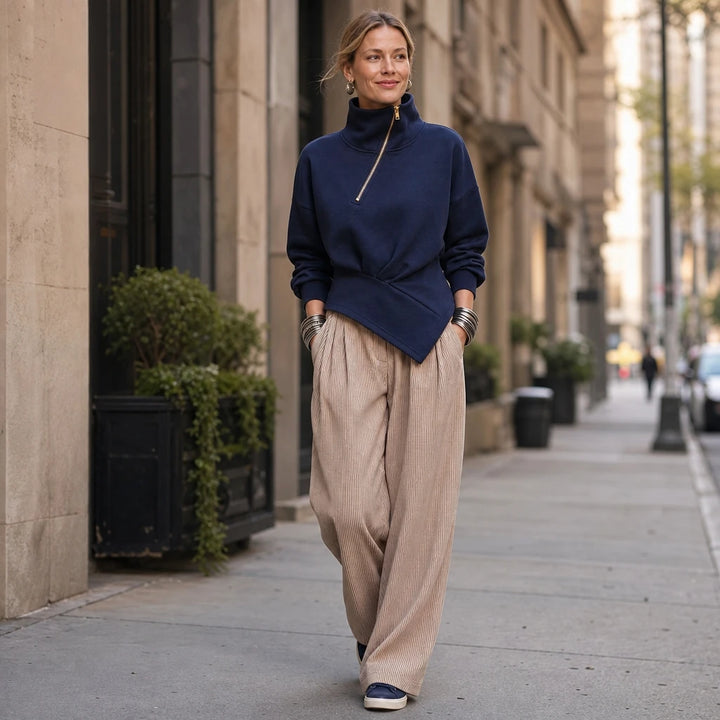 Velaire – Asymmetric Diagonal-Zip High-Neck Sweatshirt