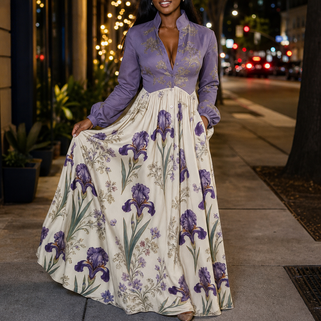 Wearbella – Contrast Stand Collar Pocketed Maxi Dress