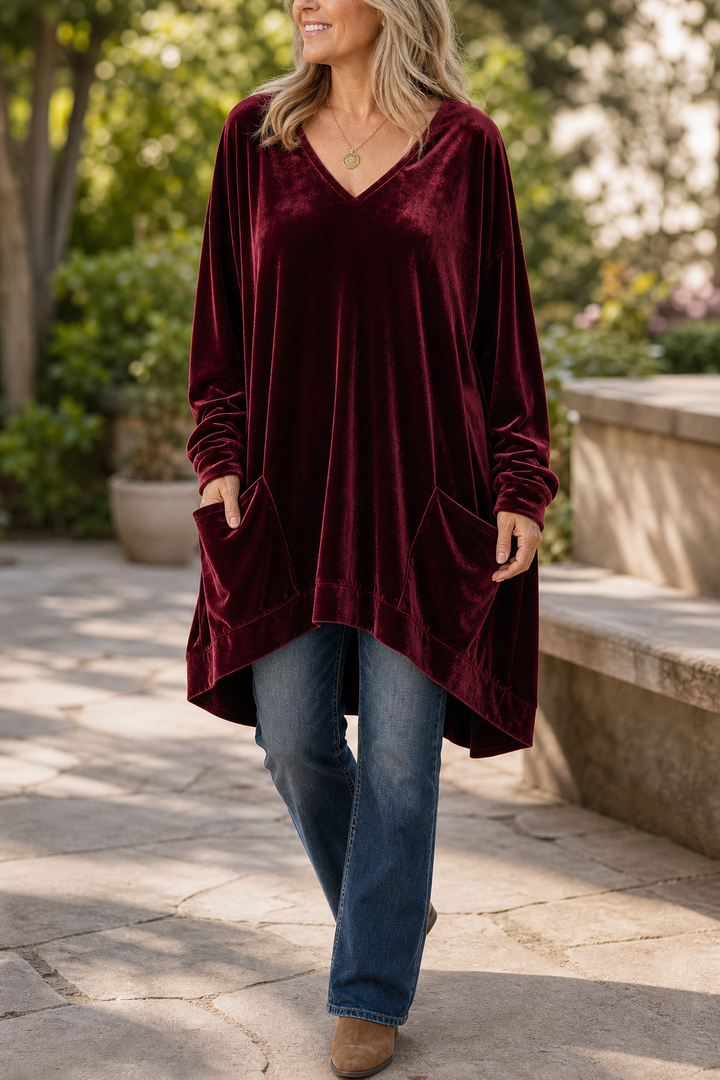 Velveau – Oversized Pocketed V-Neck Velvet Tunic