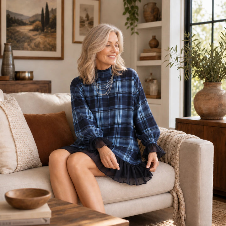 Plaidelle – Plaid A-Line Mini Dress With Mesh Ruffles