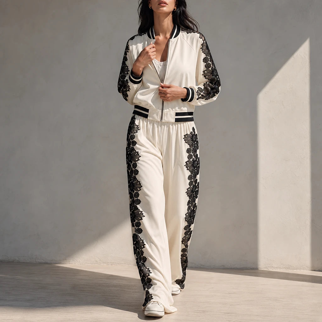 Lace & Leisure – Floral Lace Panel Track Jacket And Wide-Leg Pants Set