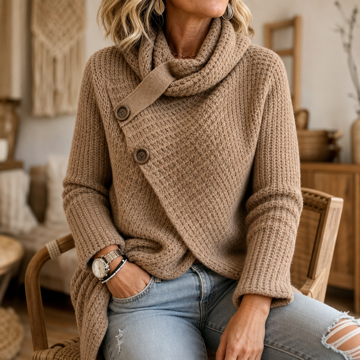 Cowl & Cozy – Asymmetric Cowl-Neck Button-Side Sweater
