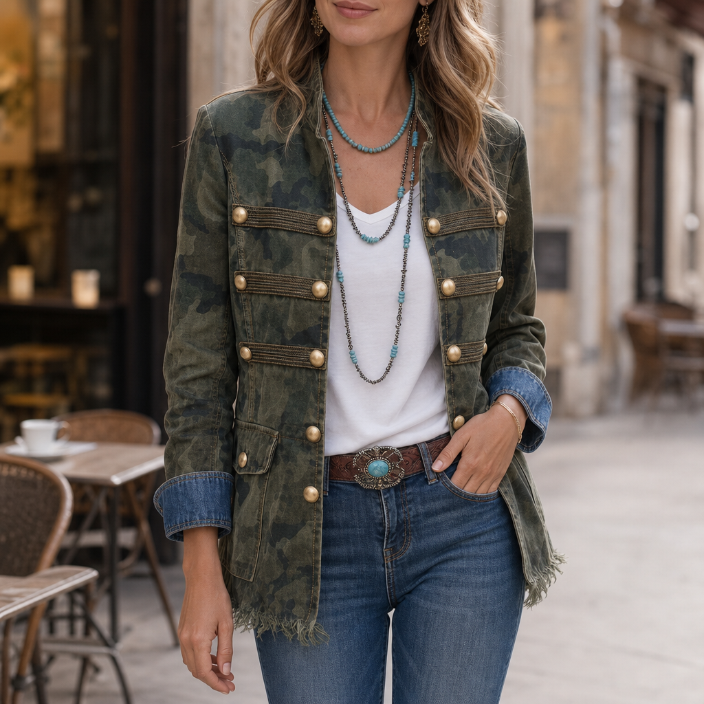 Gilded Rebel – Gold Button Camouflage Denim Jacket