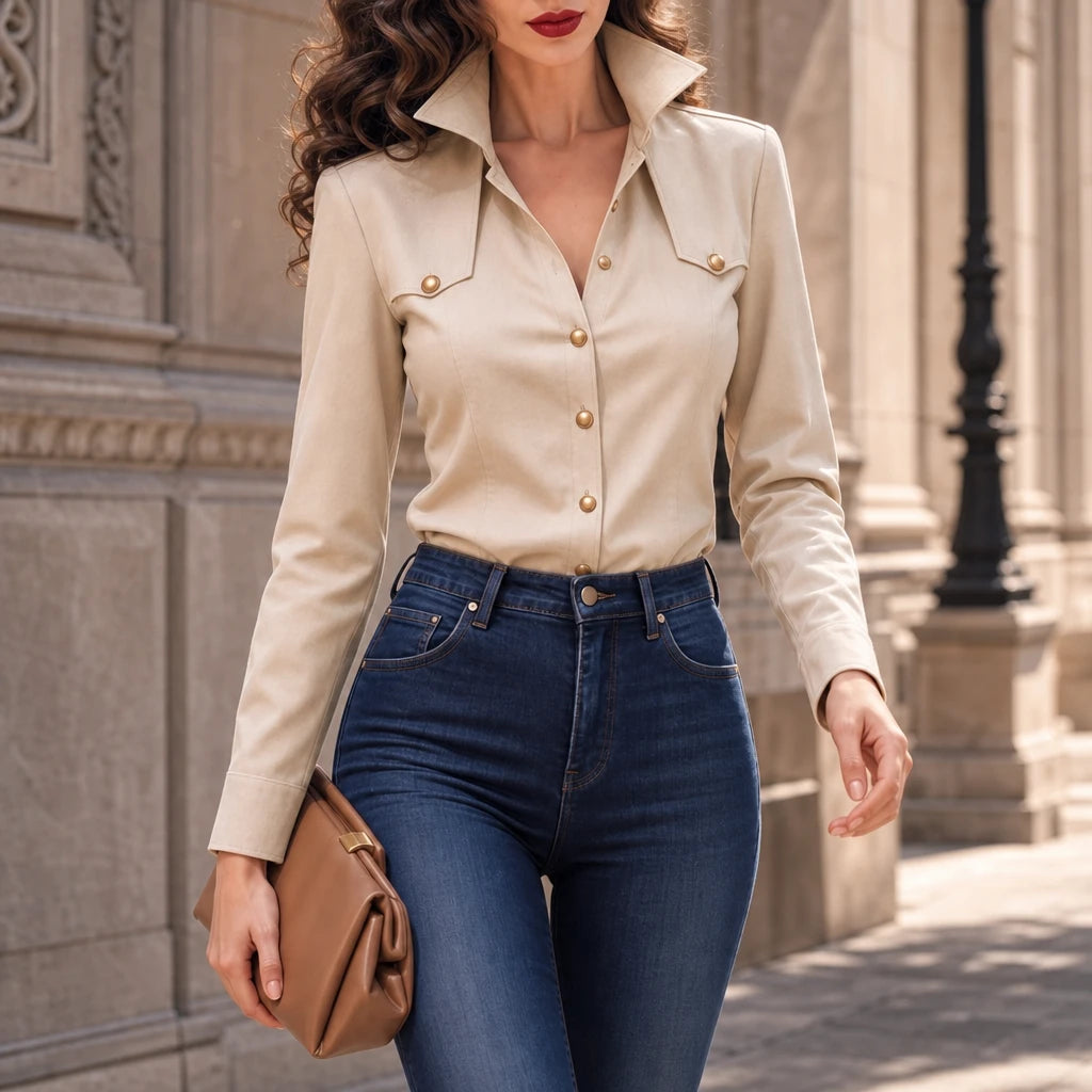 Veloura – Gold-Button Suede-Look Stretch Blouse