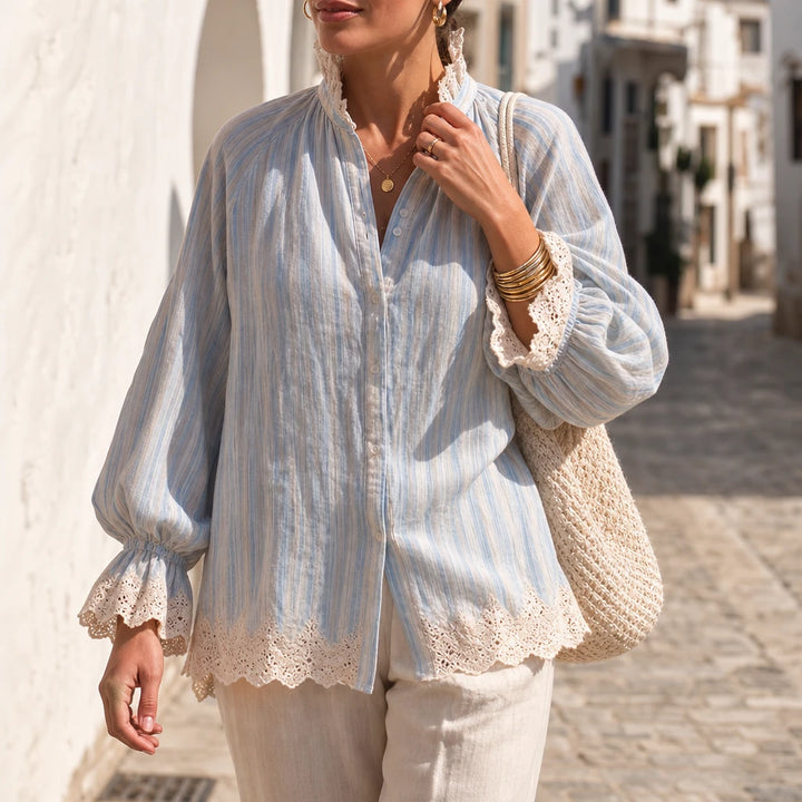 Lacey Lane – Striped Lace-Trim Linen-Blend Shirt