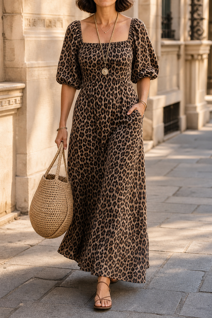 Wearbella – Coffee Leopard Square Neck Maxi Dress