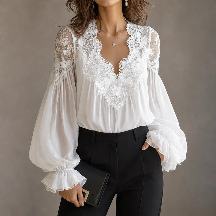 Rosabelle – Cotton Lace-Patchwork Ruffle-Cuff Blouse