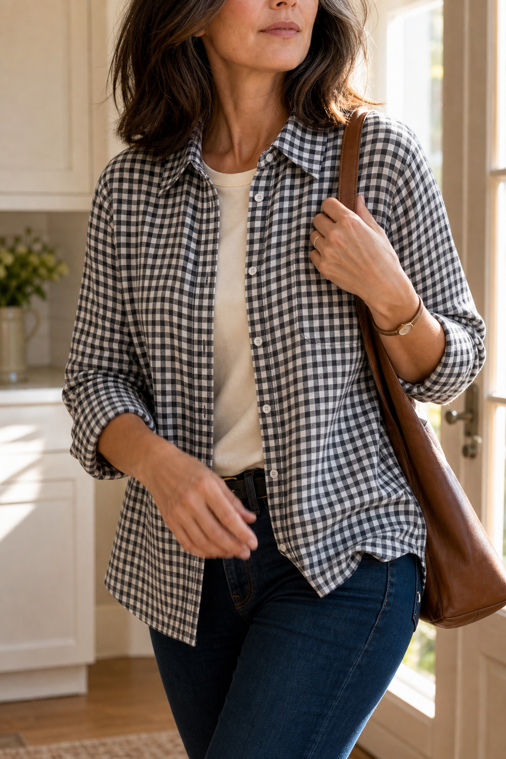 Checkered Long-Sleeve Button-Up Shirt For Women