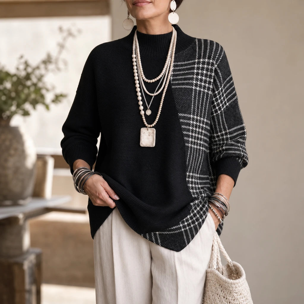 Plaidelle – Asymmetrical Plaid Panel Knit Sweater