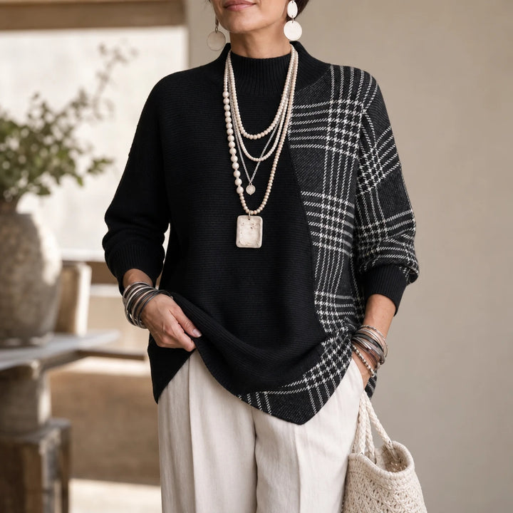 Plaidelle – Asymmetrical Plaid Panel Knit Sweater