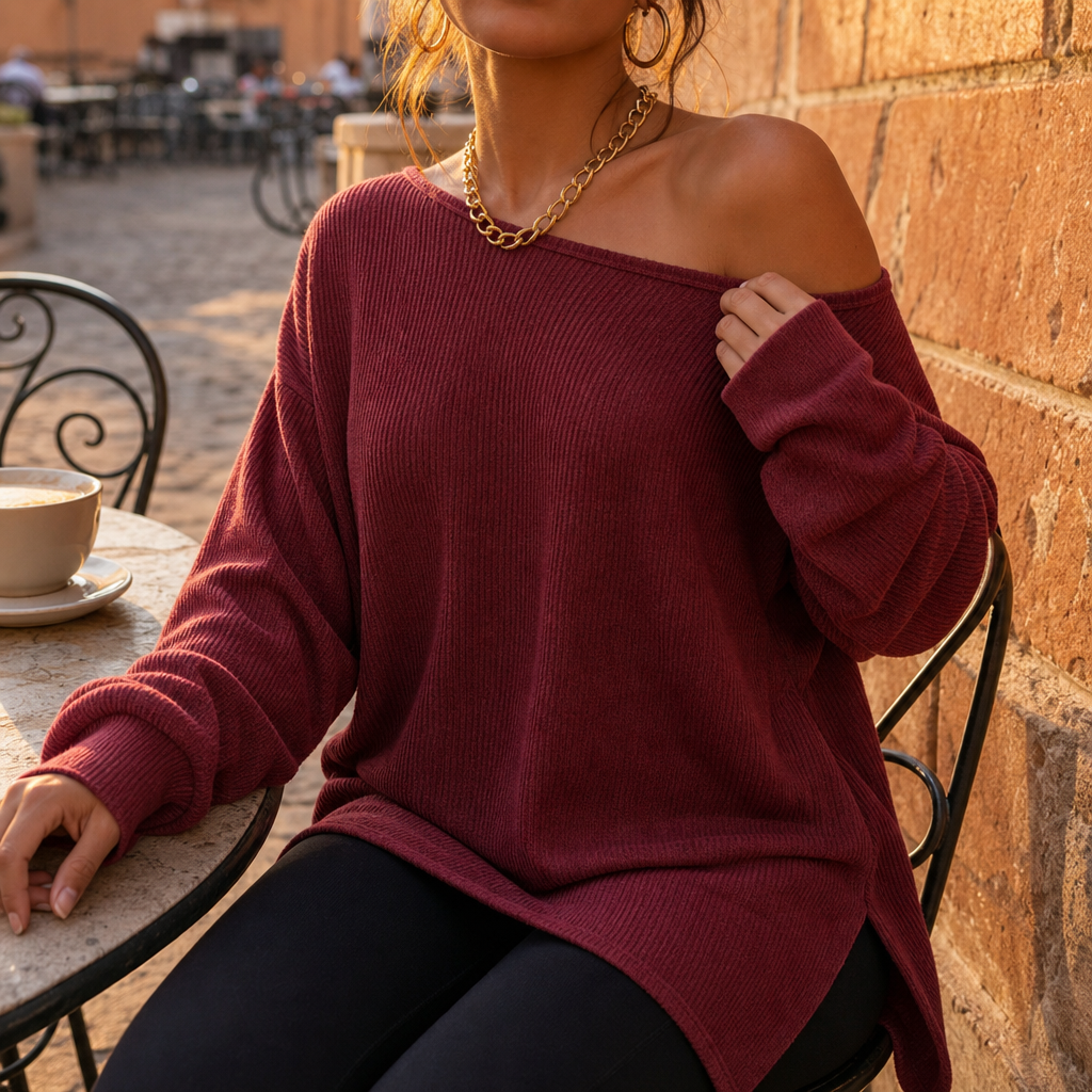Veluna – Side-Slit Off-Shoulder Tunic Blouse