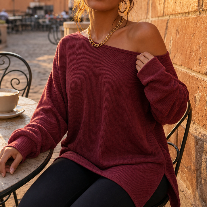 Veluna – Side-Slit Off-Shoulder Tunic Blouse