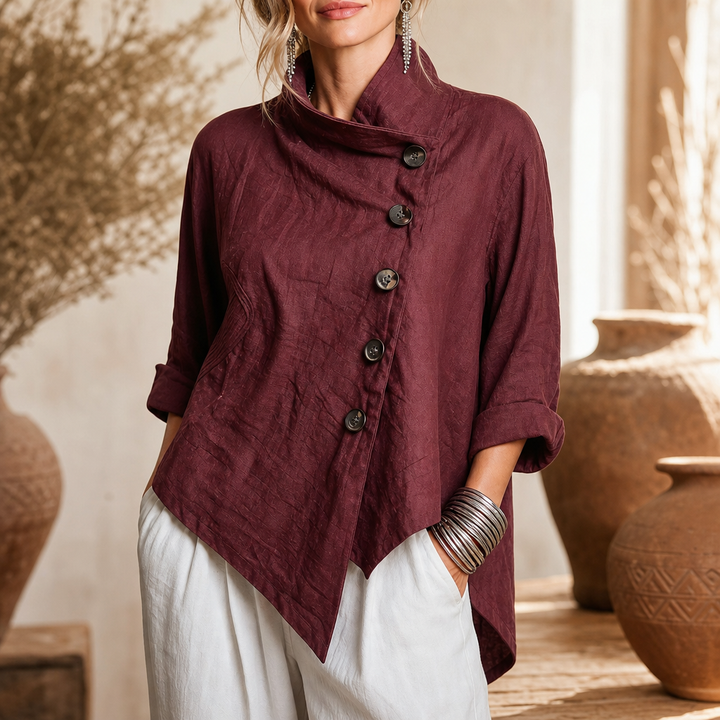 Linvella – Diagonal Button-Front High-Low Top
