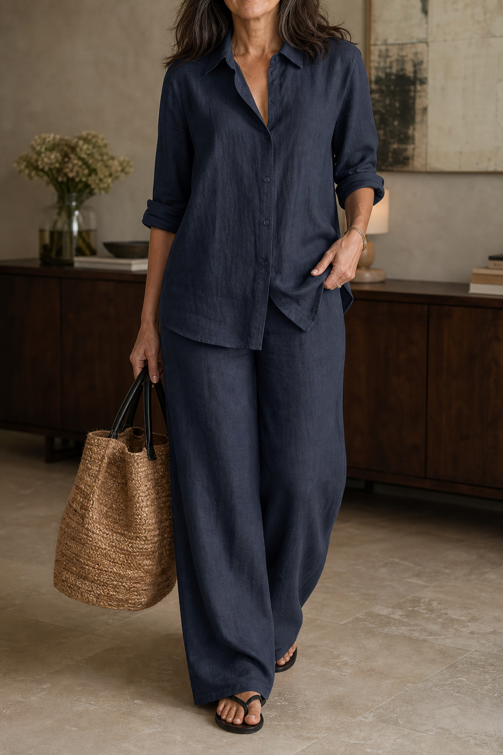 Setwell – Wide-Leg Pants And Shirt Two-Piece Set