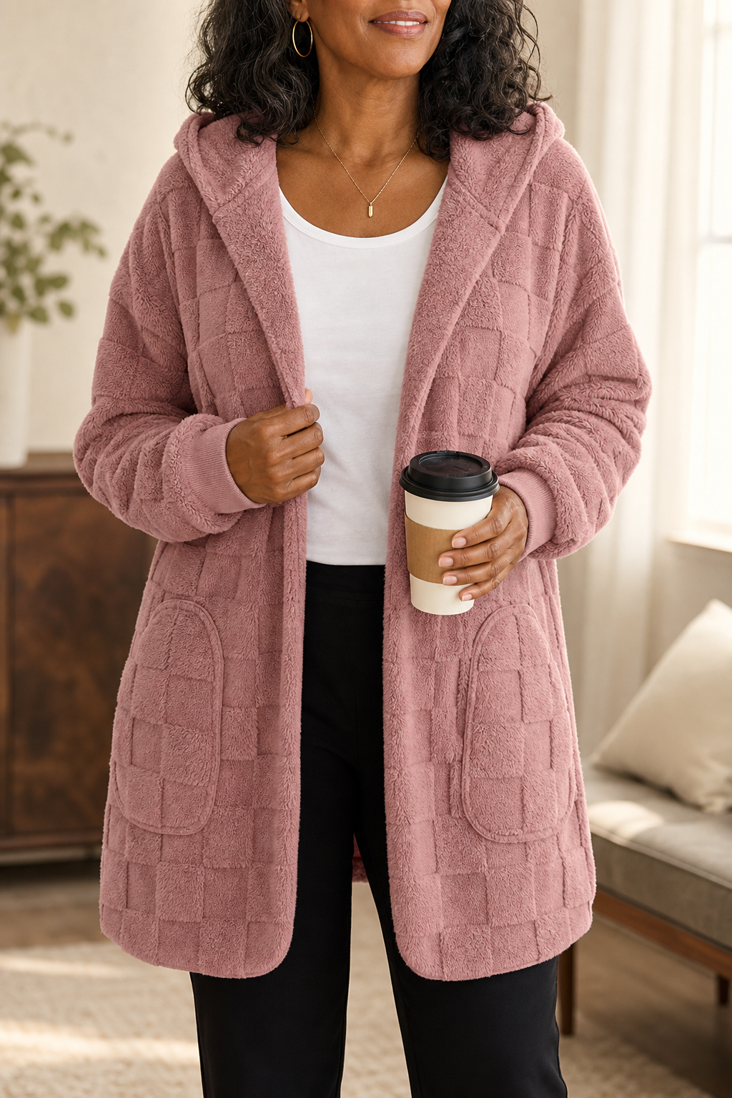 Plushden – Checkered Fuzzy Open-Front Cardigan