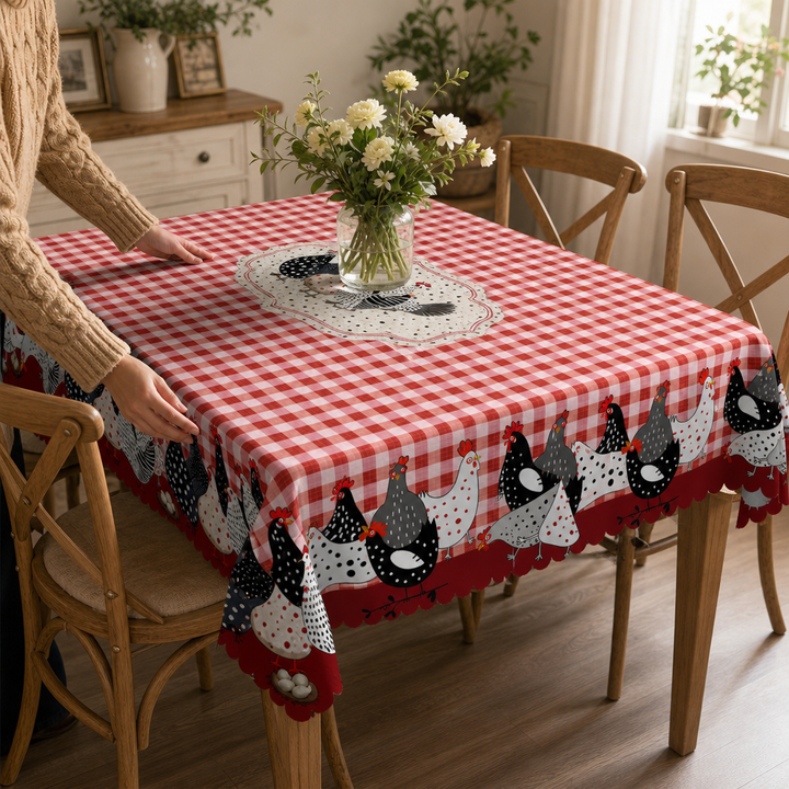 Hearthmark – Scalloped Lace-Edge Plaid Rooster Tablecloth