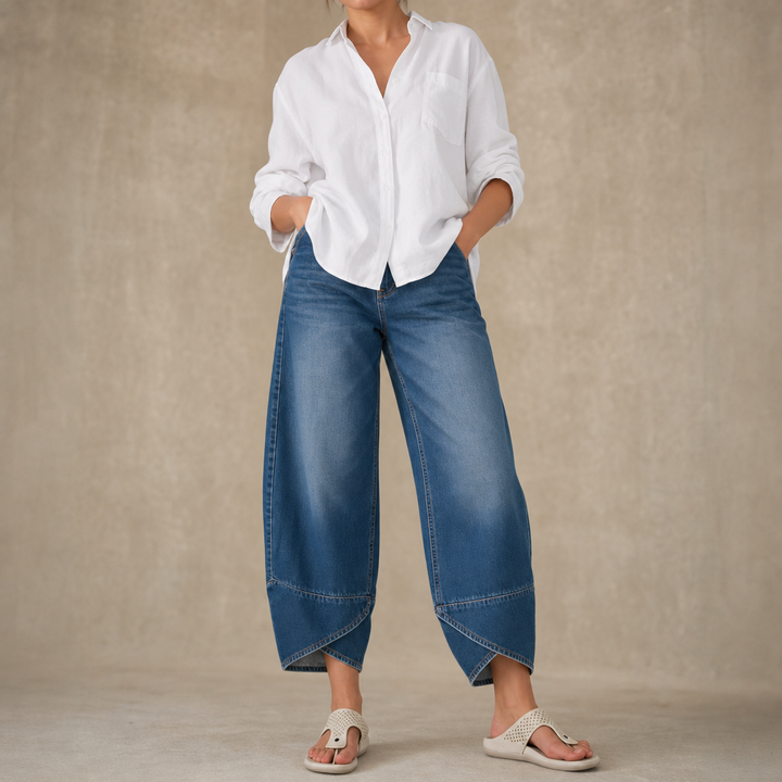 Verlace – Asymmetric Stepped-Hem Wide-Leg Jeans