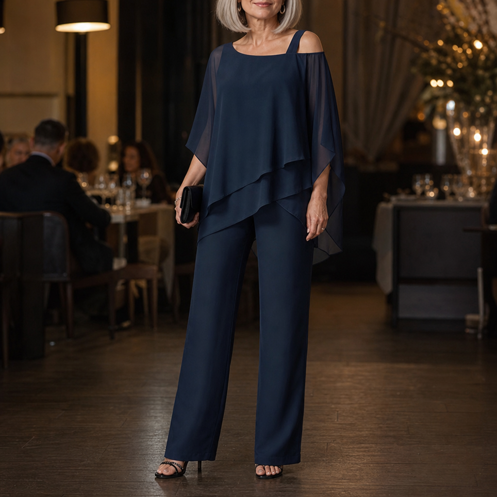 Elowen – Asymmetrical Chiffon Overlay Wide-Leg Pants Set
