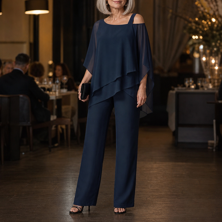 Elowen – Asymmetrical Chiffon Overlay Wide-Leg Pants Set