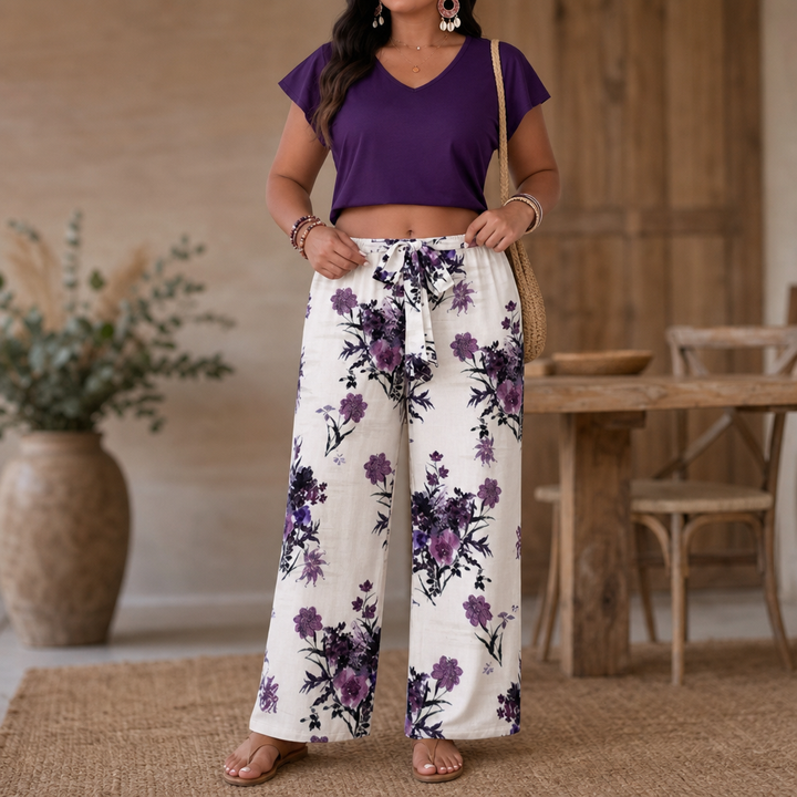 Twovelle – V-Neck Tie-Waist Wide-Leg Two-Piece Set