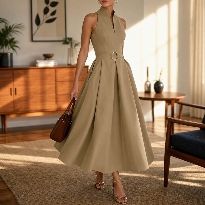 Elara Verona – Zip-Neck Stand Collar Fit-And-Flare Midi Dress