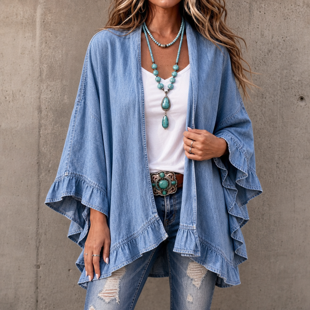 Ruffledenim – Ruffle-Trim Open-Front Denim Cardigan