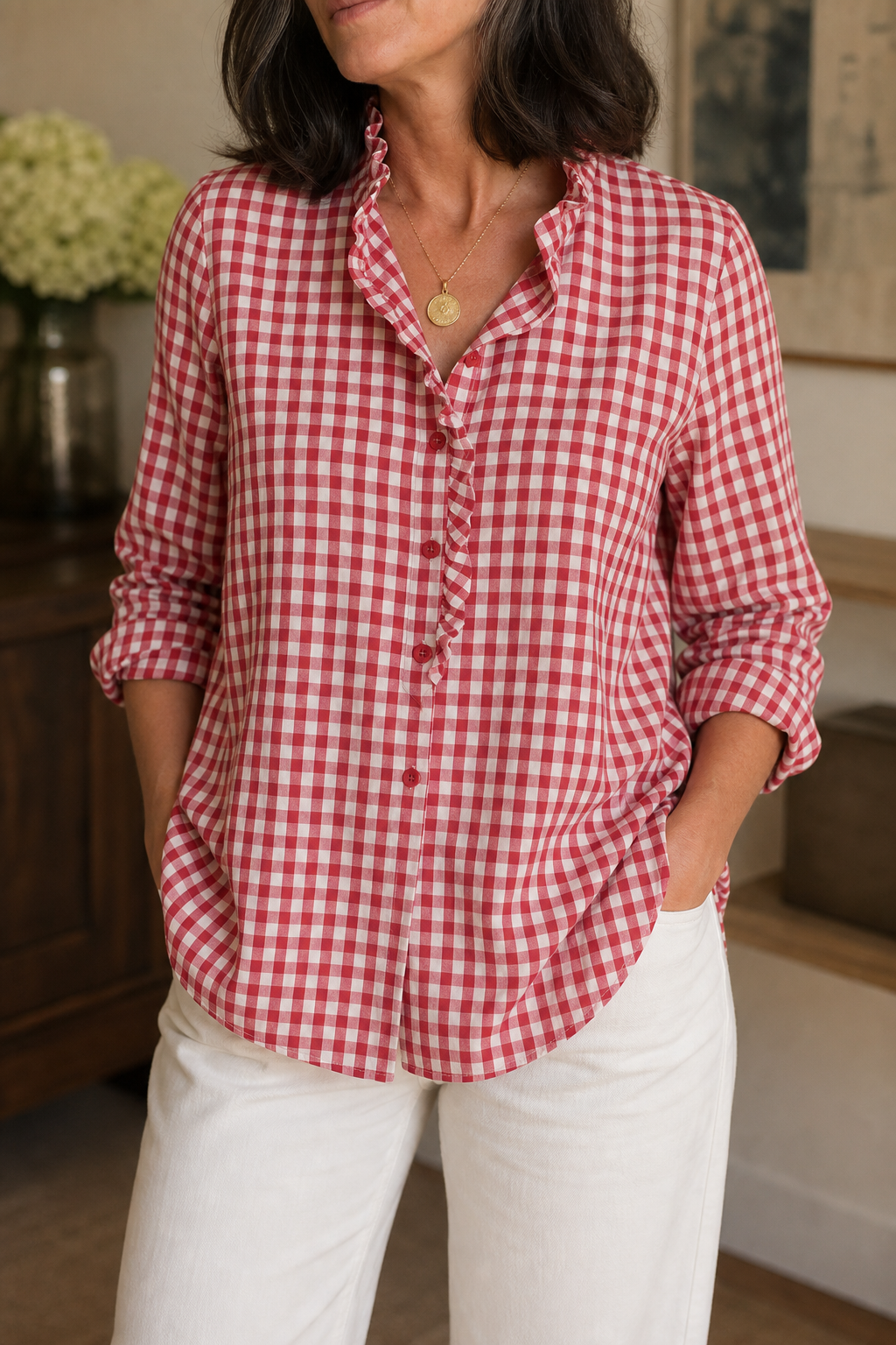 Rufina – Ruffled Collar Checked Print Blouse