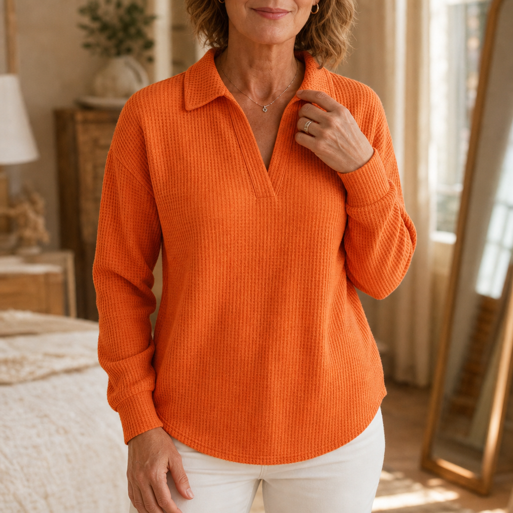 Waffelou – Collared V-Neck Waffle-Knit Oversized Top