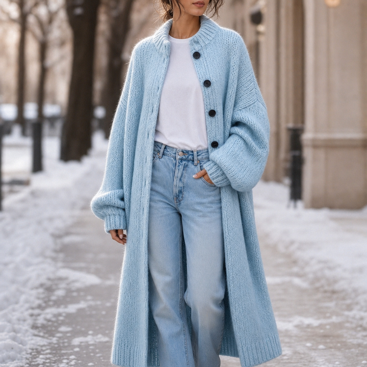 Wearbella – Chunky Knit Below-Knee Button-Front Sweater Coat