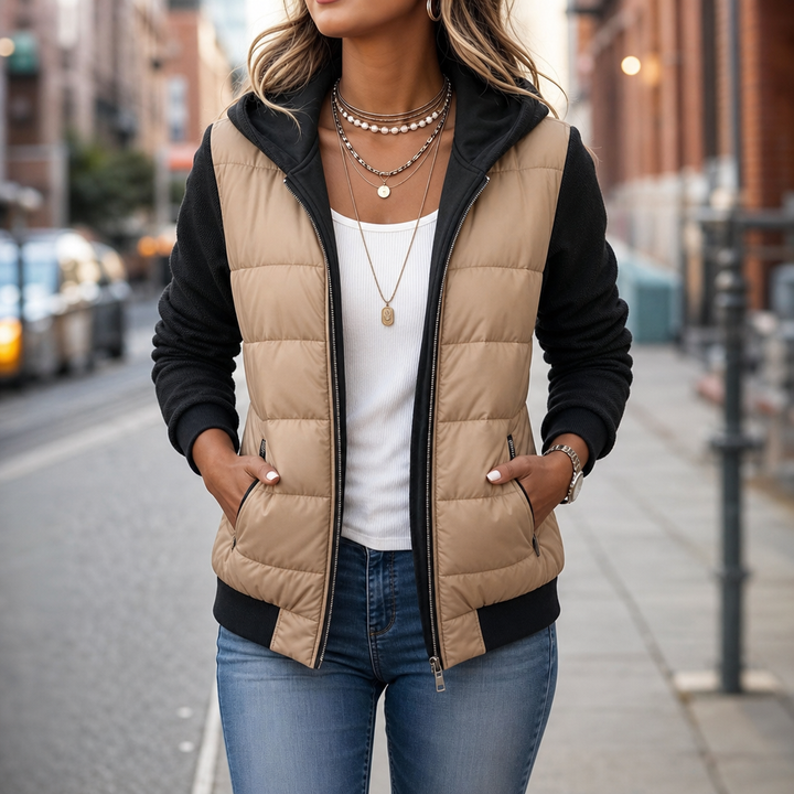 Coeza – Mixed-Media Quilted Puffer Knit-Sleeve Jacket