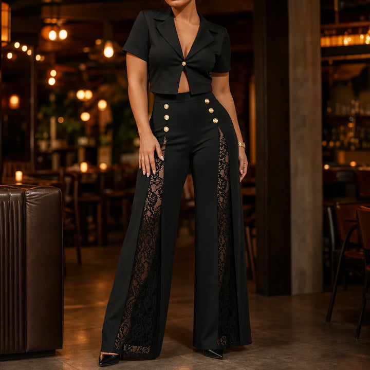 Wearbella – Floral Lace Panel High-Waisted Wide-Leg Trousers