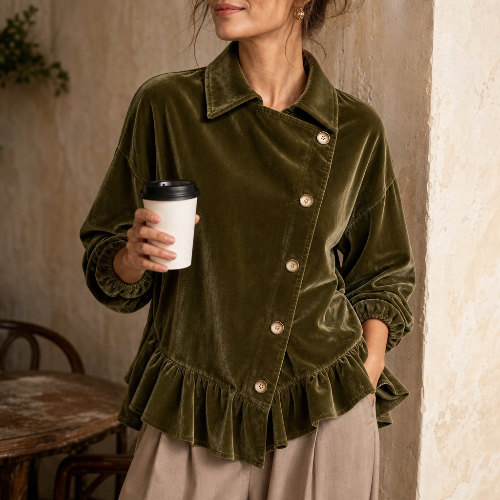 Velvetta – Asymmetric Button Cowl-Neck Peplum Top