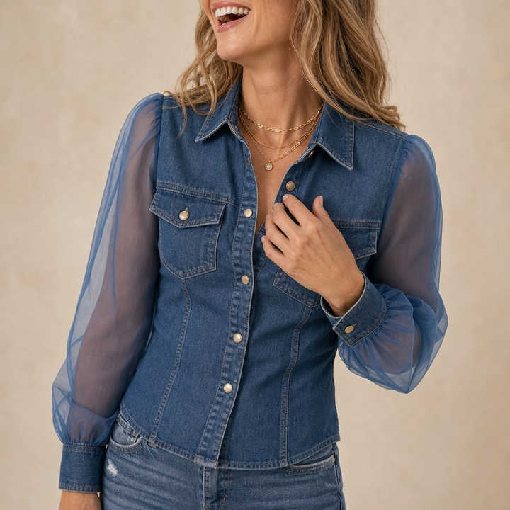 Wearbella – Sheer Puff Sleeve Denim Button-Up Shirt