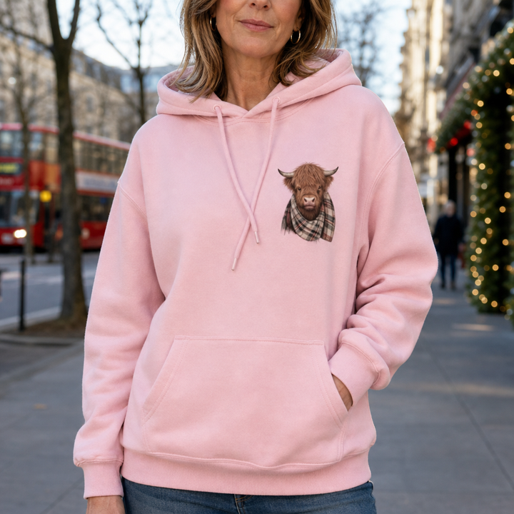Heatherloch – Highland Cow Print Fleece-Lined Hoodie