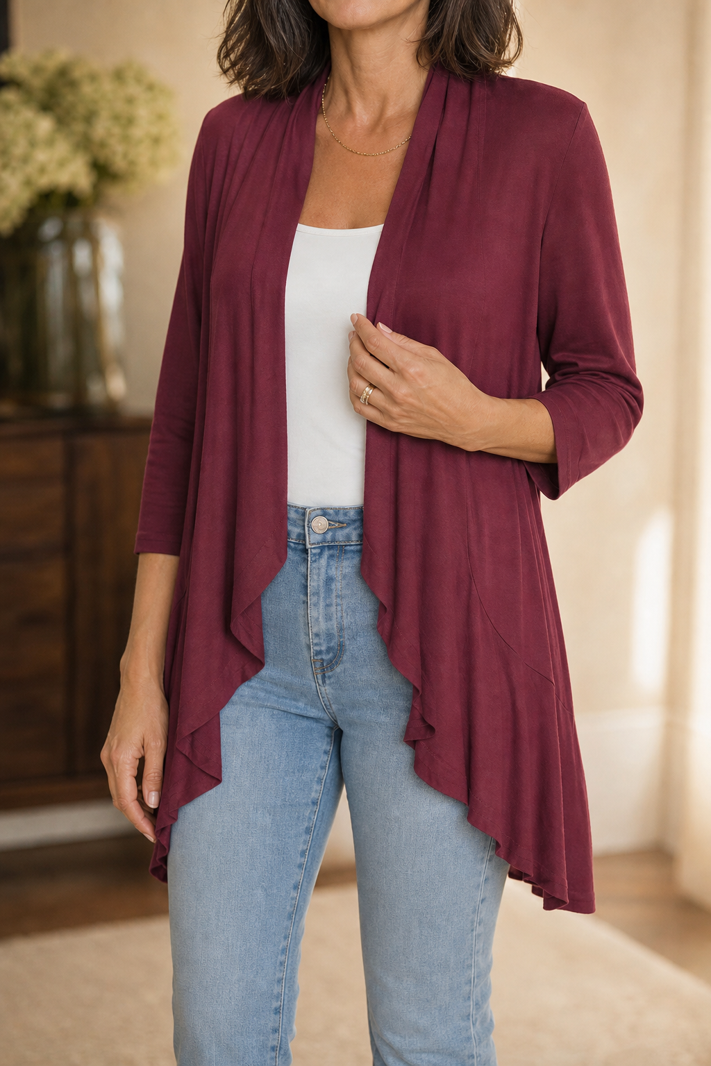 Wearbella – 3/4 Sleeve Open Front Waterfall Cardigan