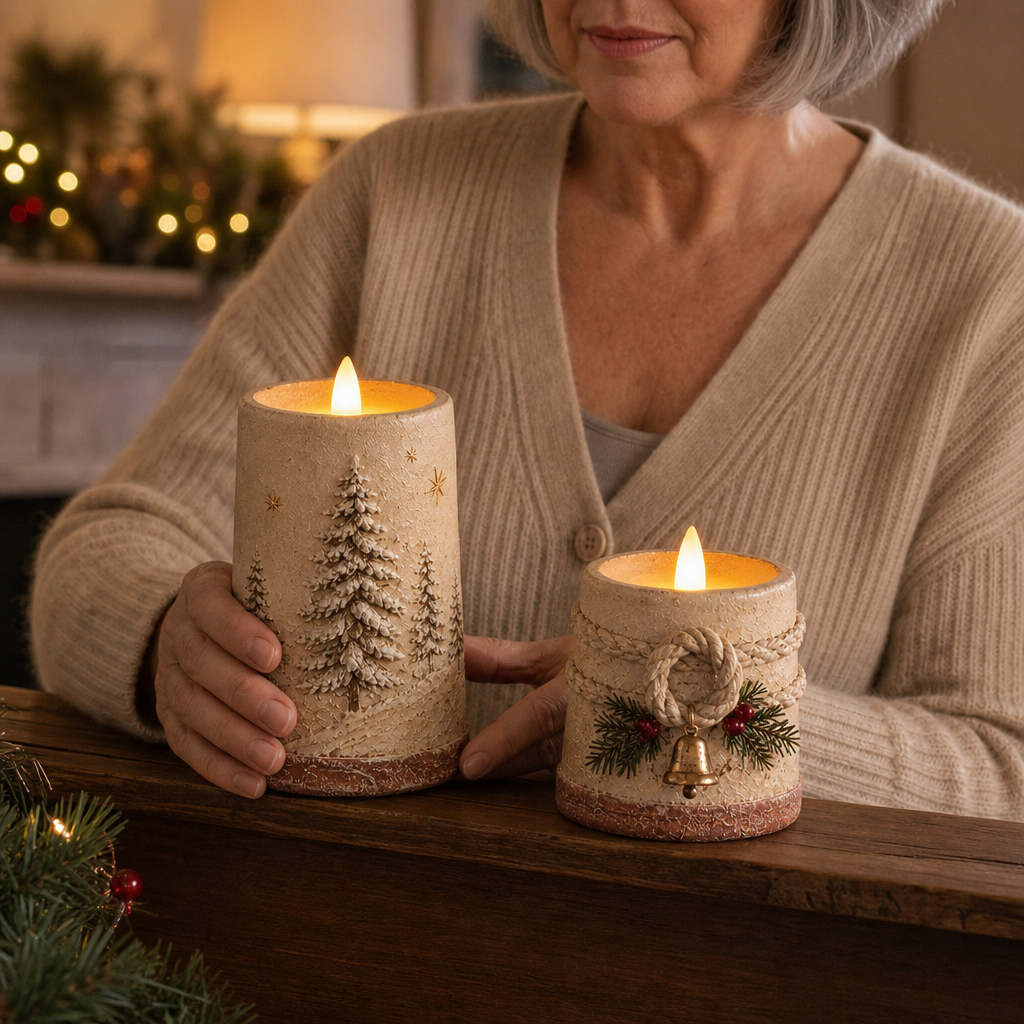 Hearthglow – Hand-Painted Rustic LED Pillar Candle (2 piece set)
