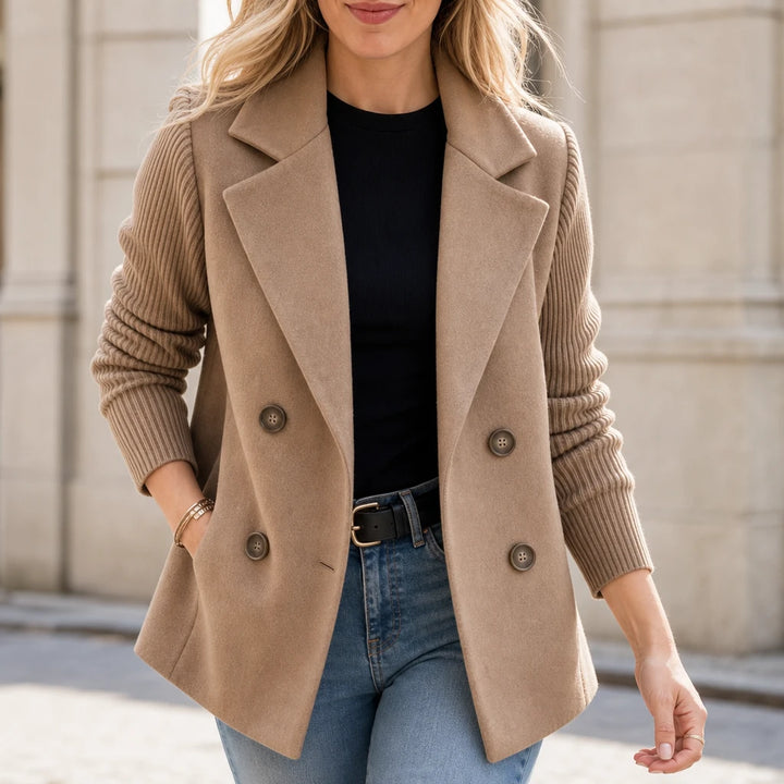 Celeste – Suede-Look Double-Breasted Knit-Sleeve Jacket