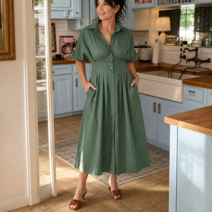 Solmara – Pleated Waist Button-Front Maxi Shirt Dress