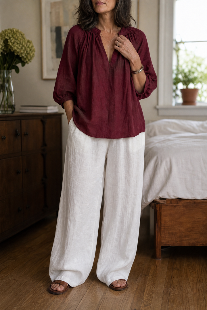 Amselle – Ruched Collar Blouse And Wide Leg Pants Set