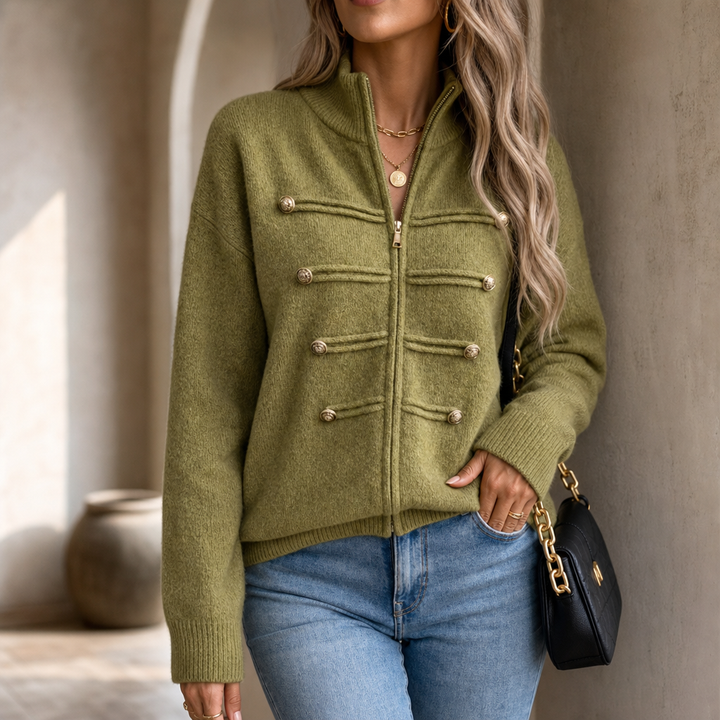 Mayfield – Gold Button Military-Style Knit Cardigan