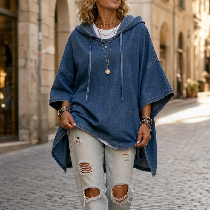 Wearlow – Oversized Washed Denim Look Hooded Poncho