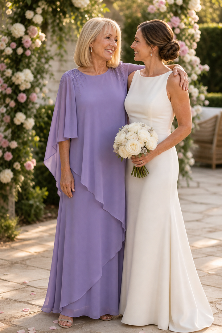 Vellamora – Cape Sleeve Layered Chiffon-Look Evening Gown