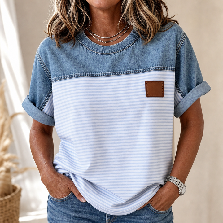 Denimelle – Denim-Look Yoke Ribbed Color-Block Top